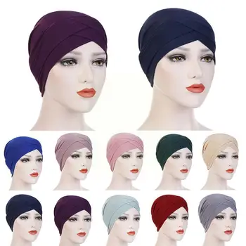 2021 Moterų Elegantiškas Tampri Skrybėlę Turbaną Kaktos Kryžiaus Skrybėlę Galvos Bandana Indija Chemo Skrybėlę Hijab Šalikas Wrap Spalva Musulmonų E4G7