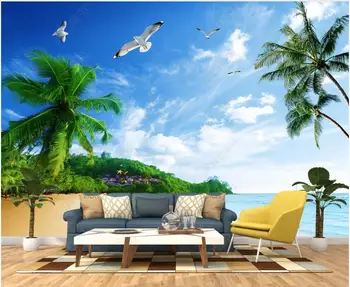 3d foto tapetai užsakymą freskos Paplūdimio kraštovaizdis su kokoso medžių ir žuvėdros, jūros kambarį tapetai, sienų ir 3 d