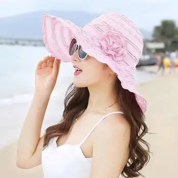 Mados Moterų Skrybėlę Korėja Stiliaus Gėlių Packable Didelio Masto Kraštų Skrybėlę Anti-UV Reguliuojamas Ponios Diskelių Paplūdimys Saulės Skrybėlę paplūdimys skrybėlės